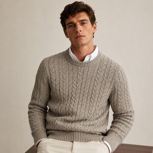 Quince Mens Australian Merino Wool Cable Crewneck Sweater Malted Toffee L Preppy